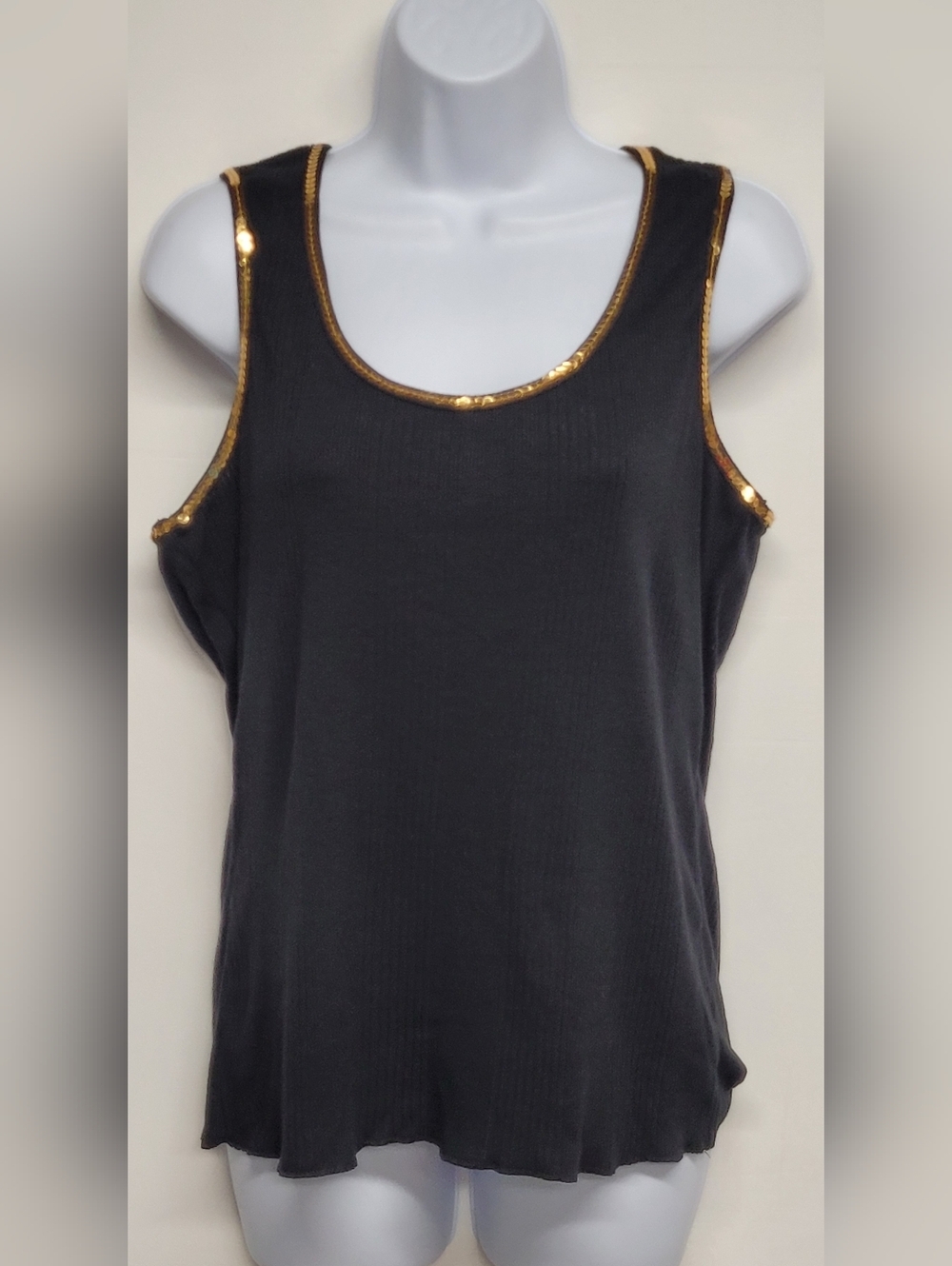 Extra Touch 1X Top Vintage Black Gold Sequins Scoop Neck Sleeveless Ribbed New